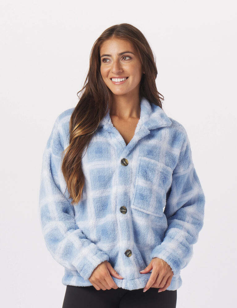 Sherpa Shacket Ice Blue White Jackson Plaid