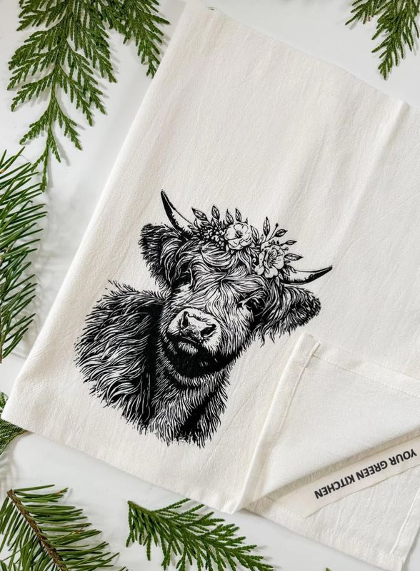 Flower Crown Highland Cow Organic Cotton Tea Towel