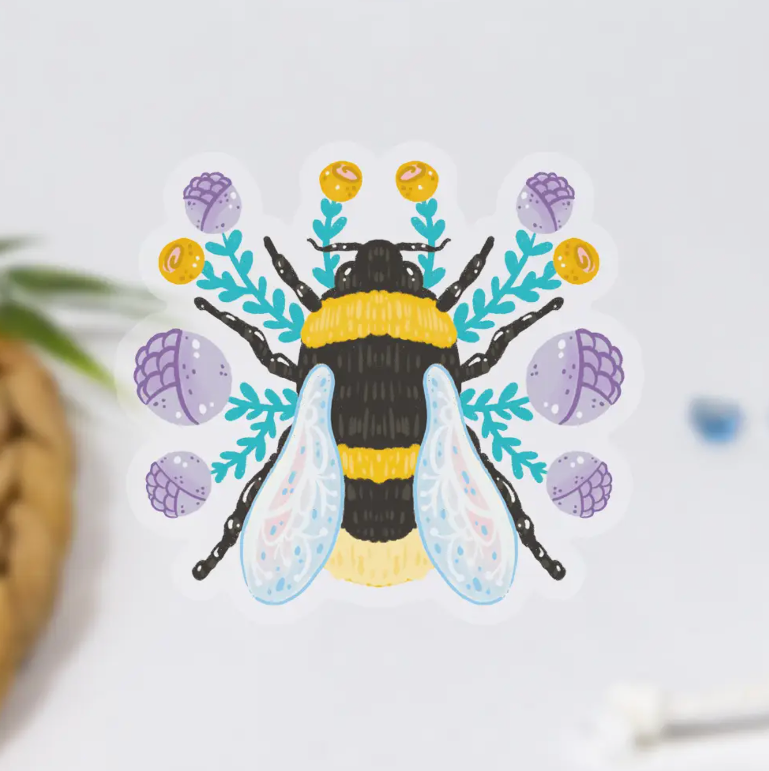 Bumblebee Purple Flowers Clear Waterproof Vinyl Sticker