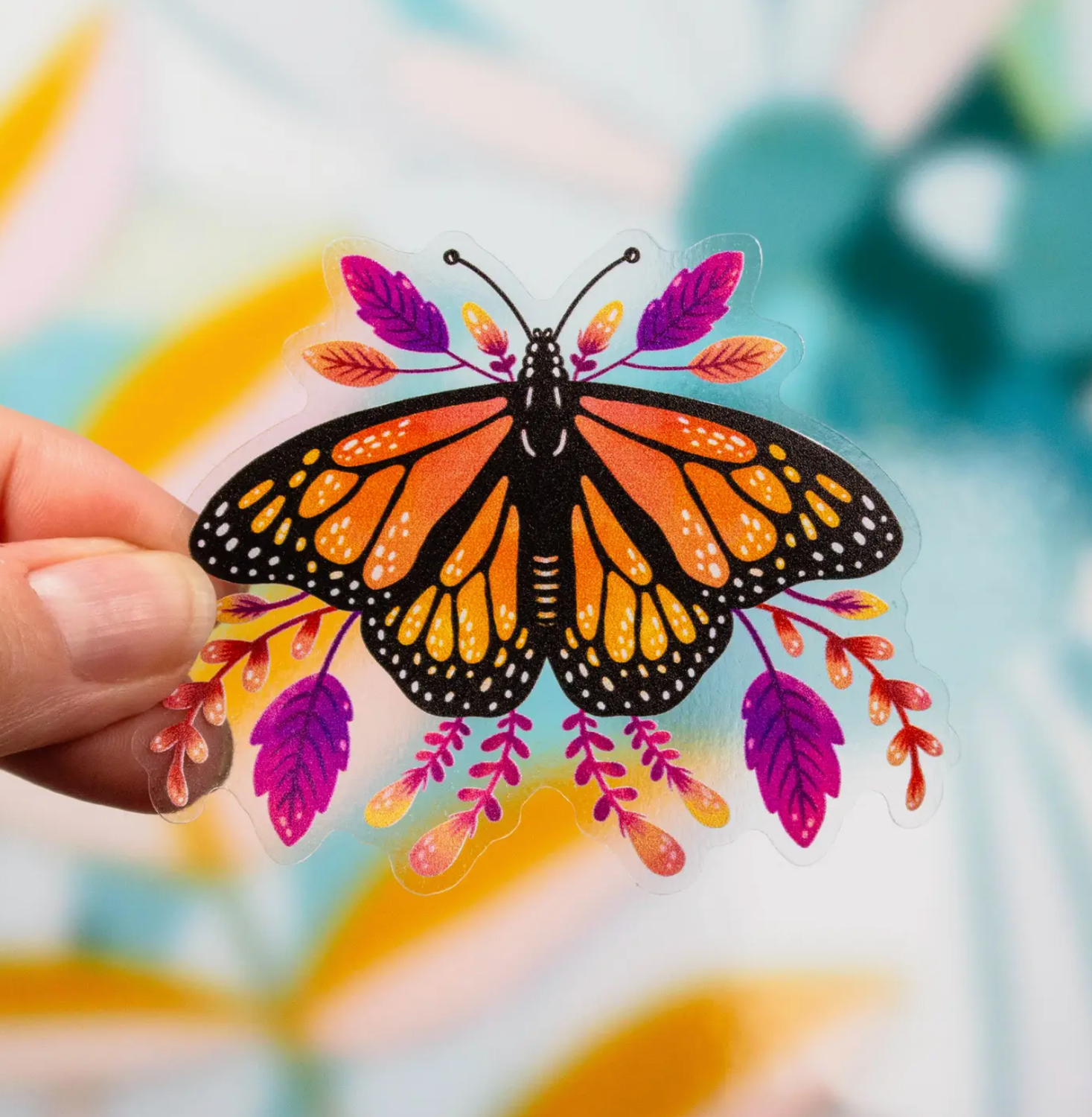 Clear Monarch Butterfly Purple Floral Sticker 3x2.4 Inch