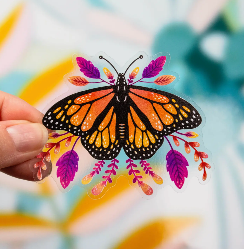 Clear Monarch Butterfly Purple Floral Sticker 3x2.4 Inch