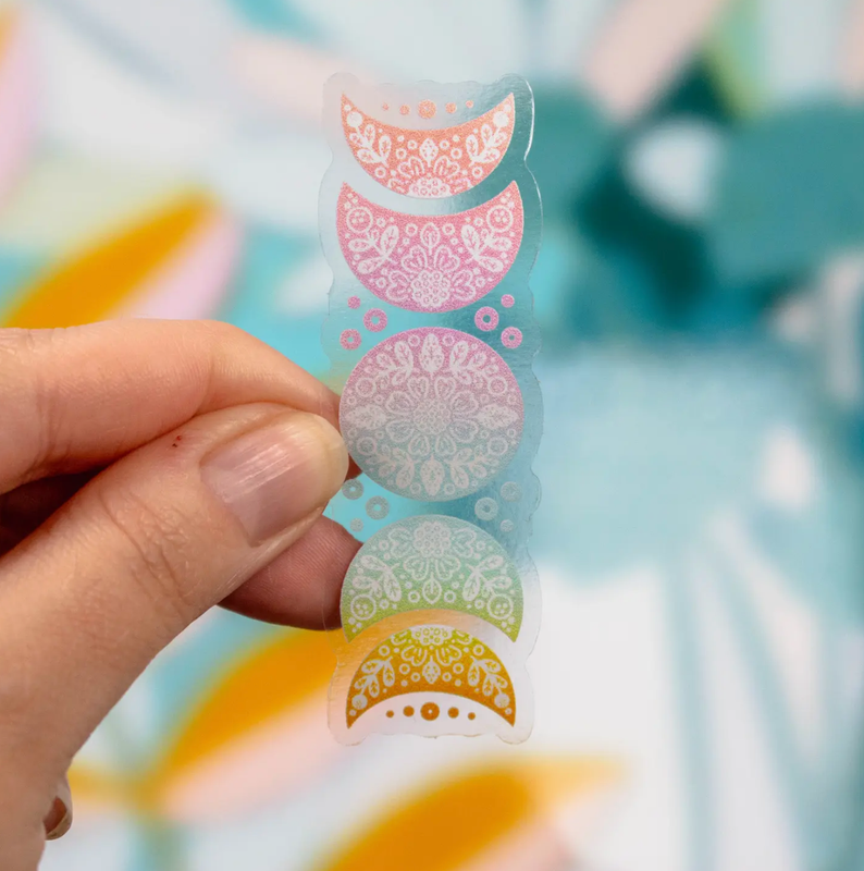 Clear Pastel Moon Phases Folk Art Sticker 3&quot; X 1&quot;