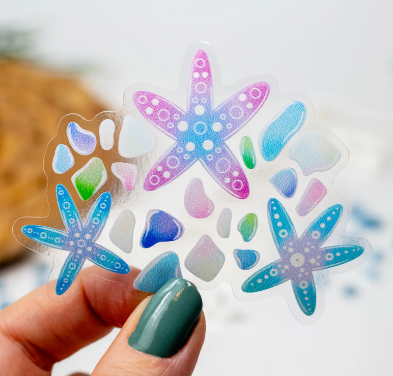 Clear Starfish and Sea Glass Beach Sticker 3 X 2.4 Inch