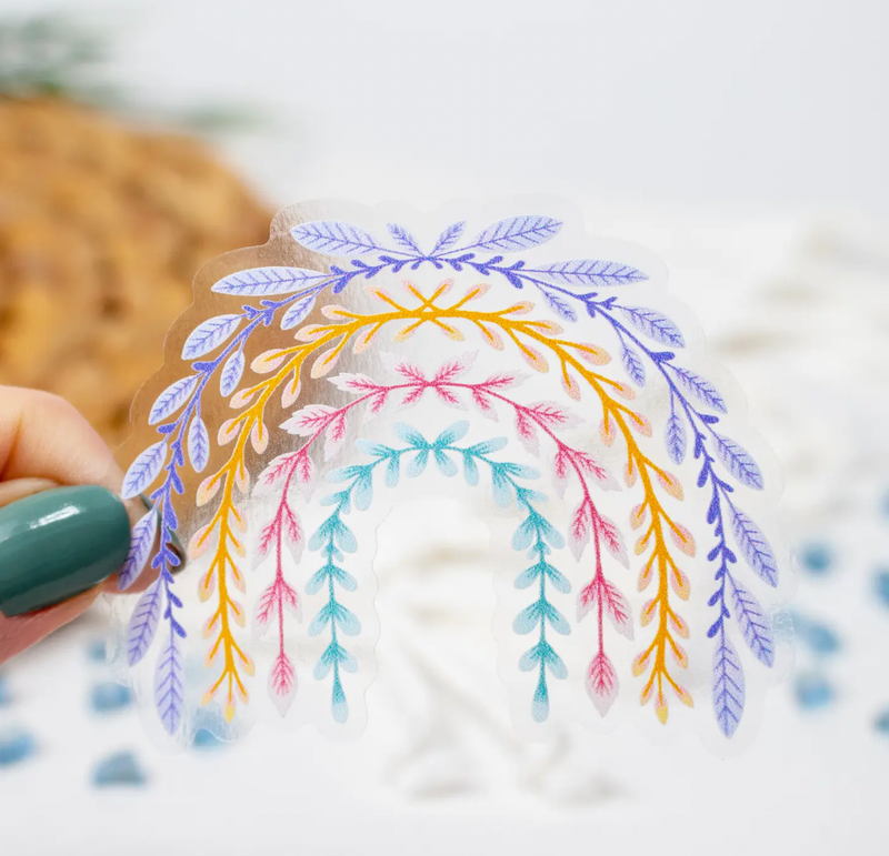 Clear Boho Vine and Leaf Rainbow Sticker 3 x 2.25&quot;