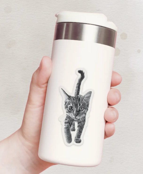 Hand-drawn Kitten Sticker (Dishwasher safe)
