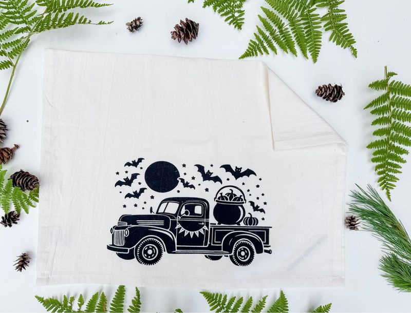 &quot;Halloween Truck&quot; Organic Cotton Tea Towel