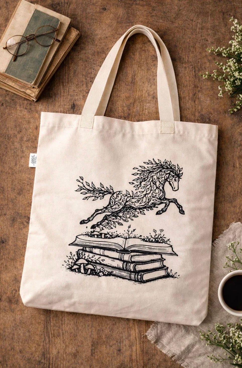 Whimsical Horse &amp; Book Reusable Tote Bag