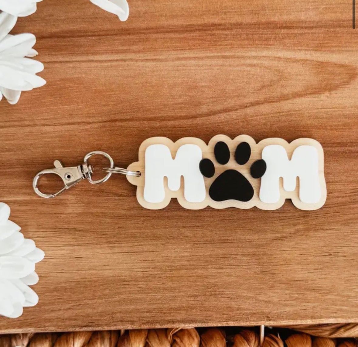Mom Paw Print Wood and Acrylic Keychain