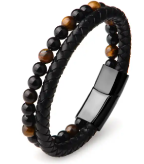 Stone Bead Stainless Steel Clasp Black Leather Bracelet