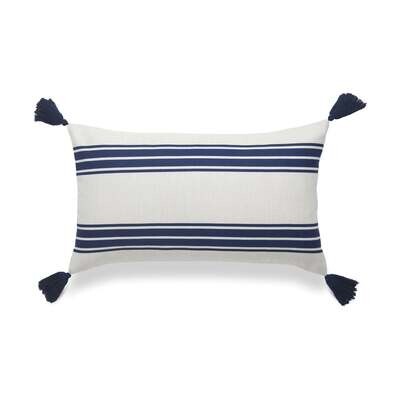 Coastal Indoor Outdoor Lumbar Pillow Cover, Aviv, Stripe Tassel, Navy Blue, 12"x20"