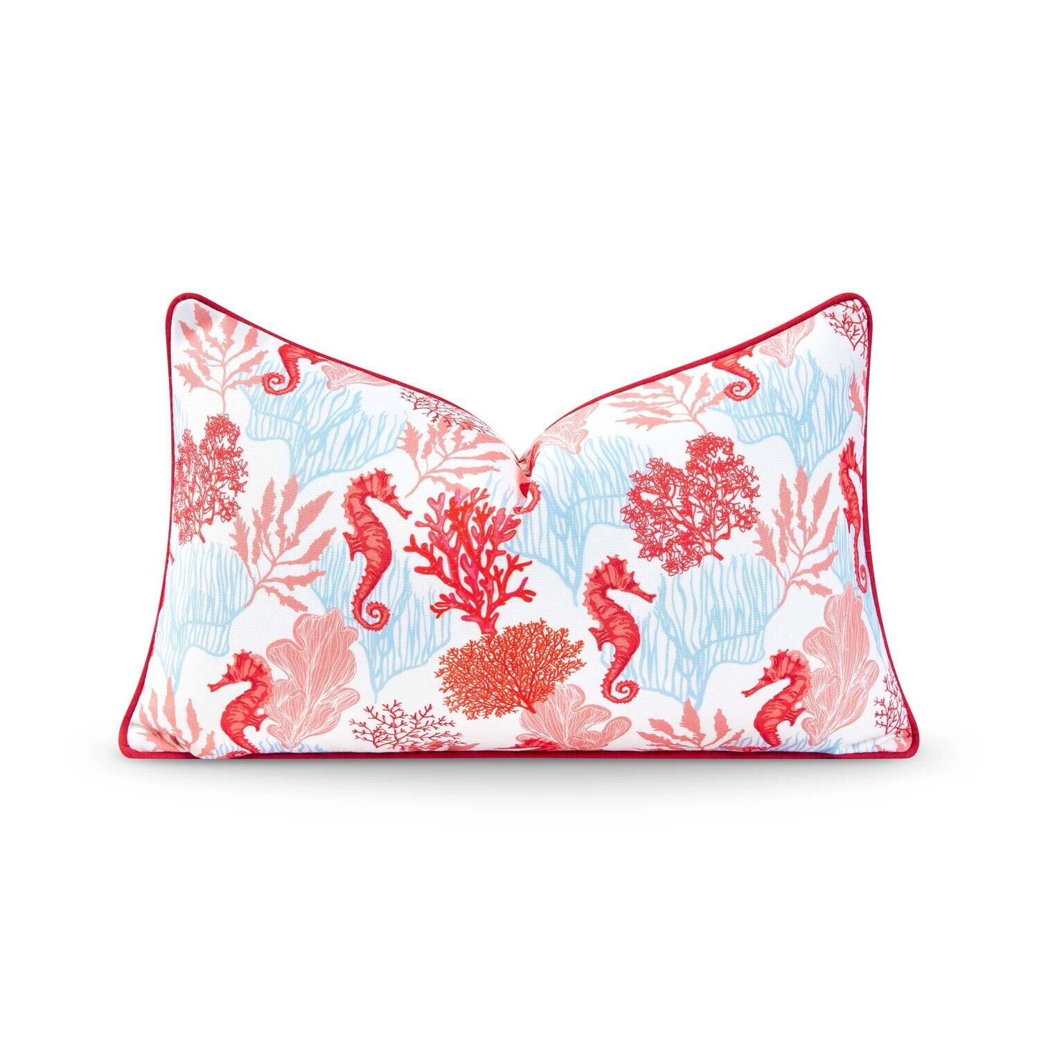 Coastal Indoor Outdoor Lumbar Pillow Cover, Coral Seahorse, Red Pink Baby Blue, 12"x20"