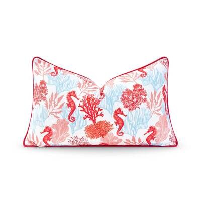 Coastal Indoor Outdoor Lumbar Pillow Cover, Coral Seahorse, Red Pink Baby Blue, 12"x20"