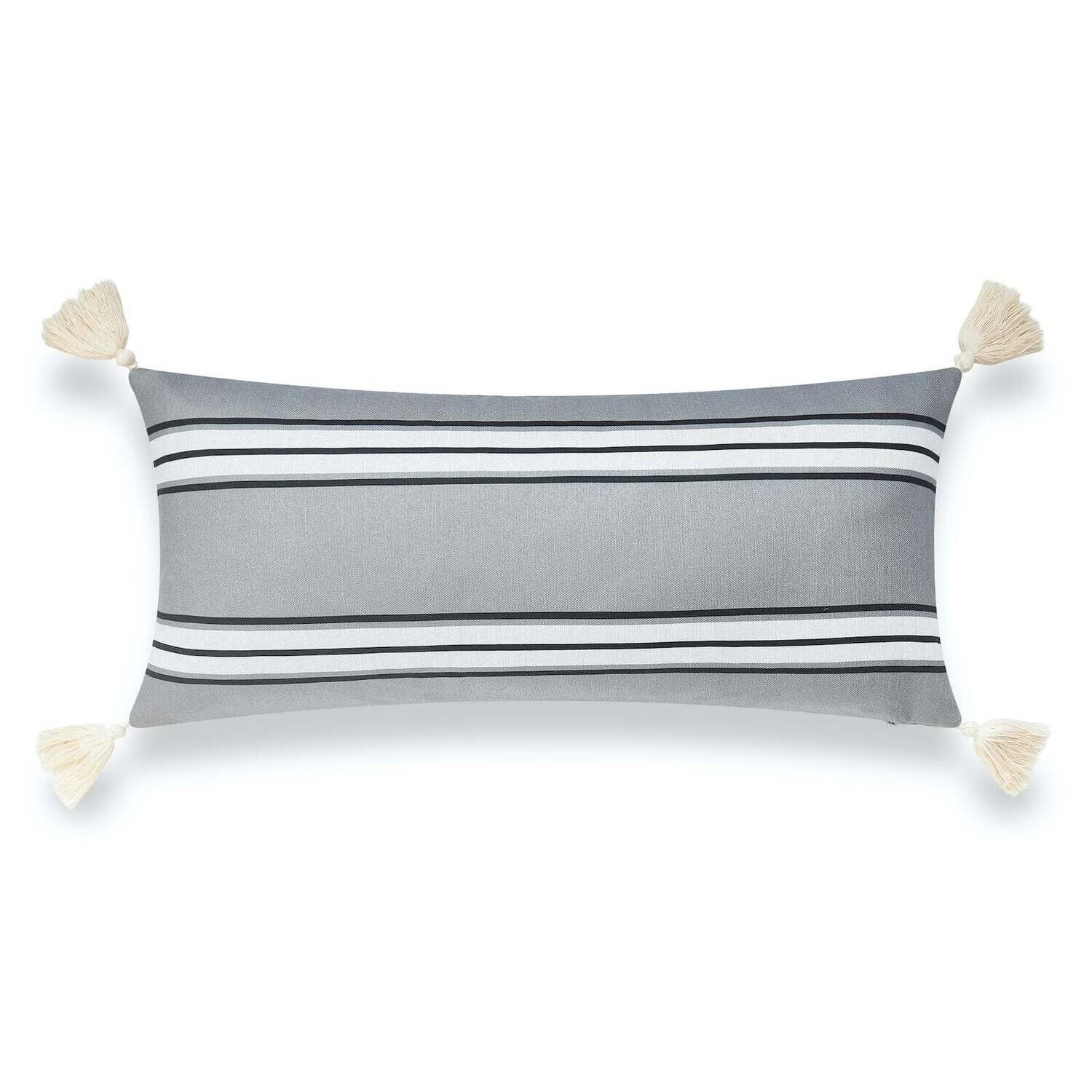 Neutral Outdoor Lumbar Pillow Cover, Aviv, Stripe Tassel, Dark Gray, 12&quot;x26&quot;
