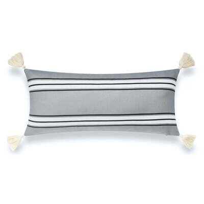 Neutral Outdoor Lumbar Pillow Cover, Aviv, Stripe Tassel, Dark Gray, 12"x26"
