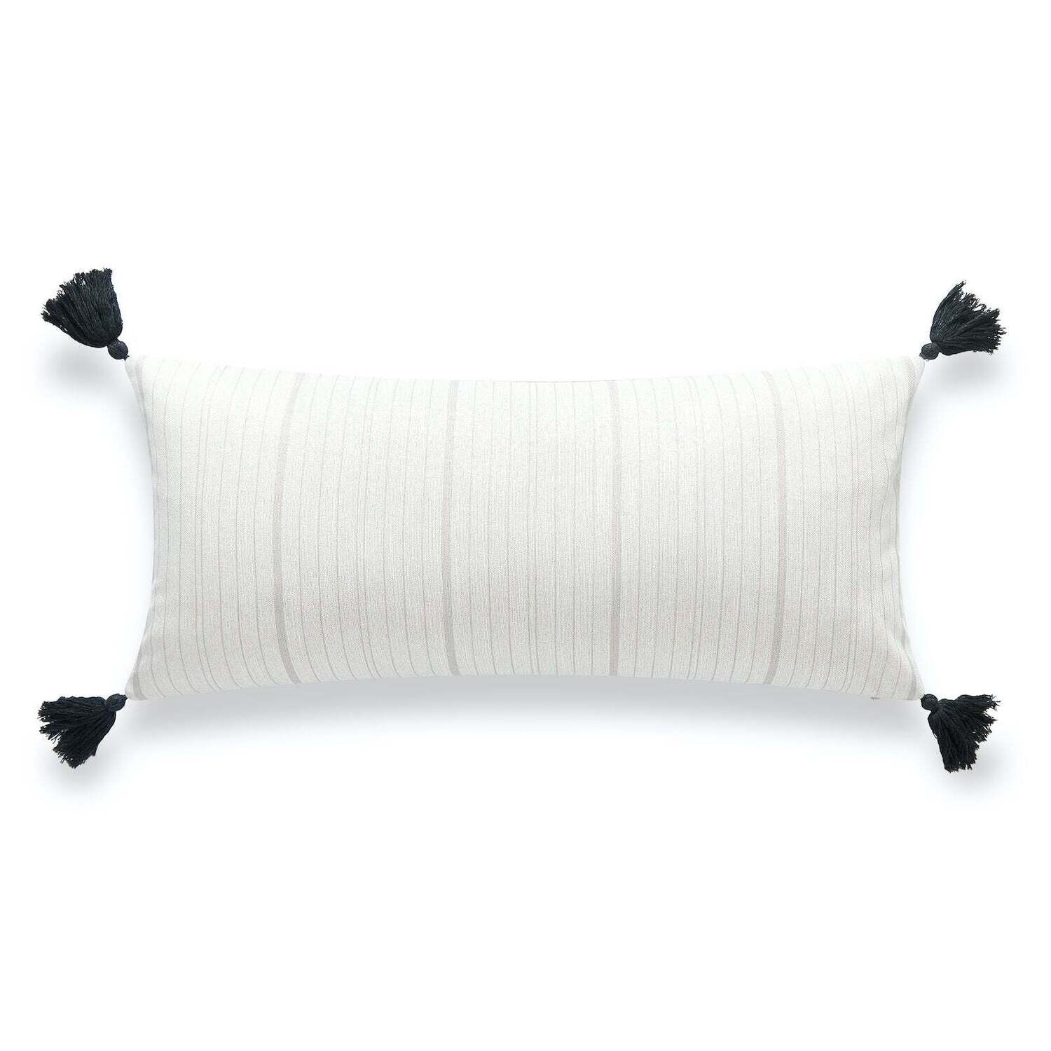 Neutral Outdoor Lumbar Pillow Cover, Missi, Stripe Tassel, Gray, 12&quot;x26&quot;