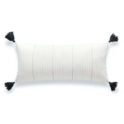 Neutral Outdoor Lumbar Pillow Cover, Missi, Stripe Tassel, Gray, 12"x26"