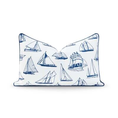 Coastal Hampton Style Indoor Outdoor Lumbar Pillow Cover, Nautical Yacht, Navy Blue, 12"x20"