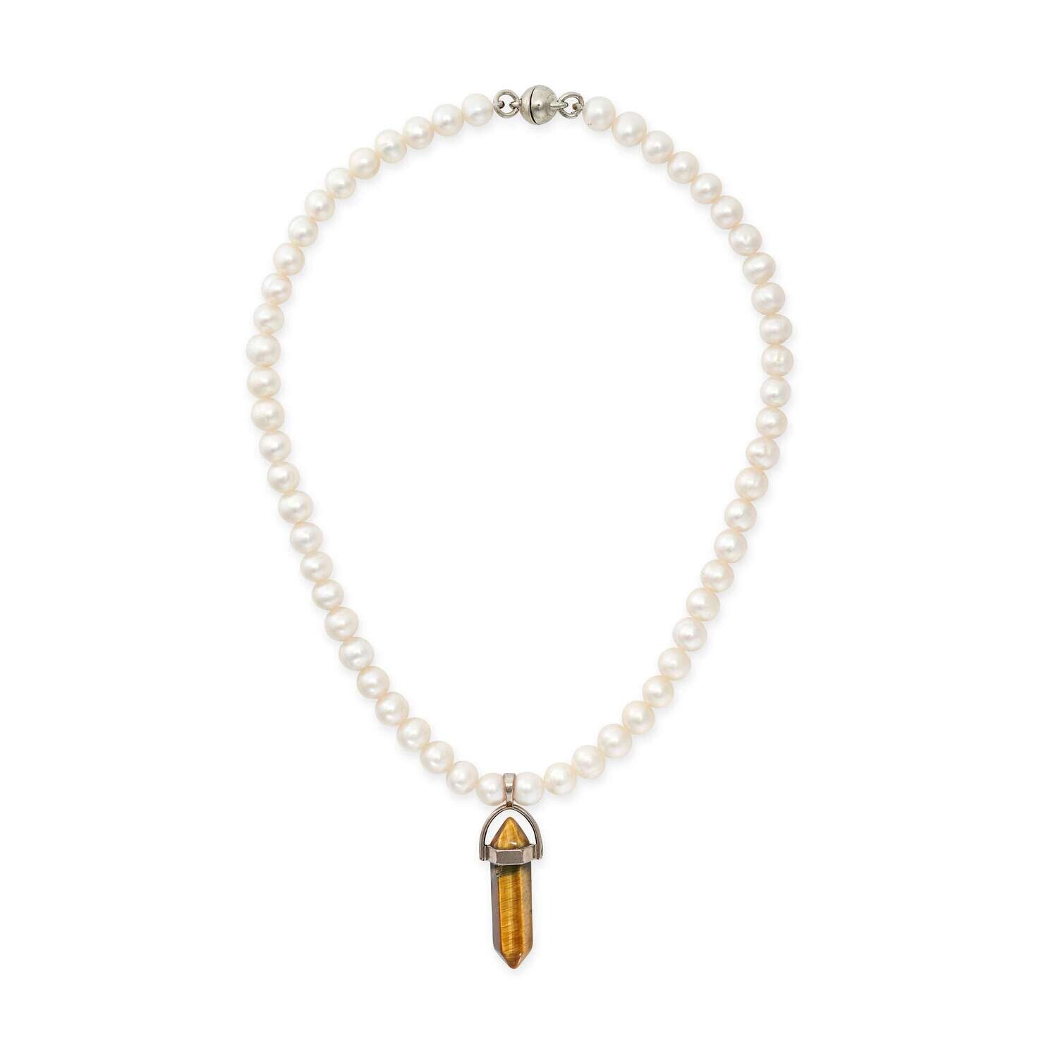 Pearl & Tiger's Eye Pendant Necklace