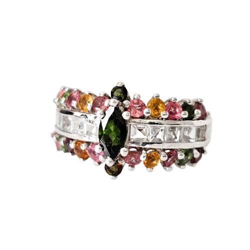 1990s Cocktail Cluster Silver Ring - 2.40ct Tourmaline