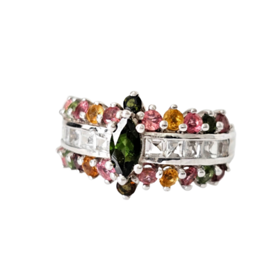 1990s Cocktail Cluster Silver Ring - 2.40ct Tourmaline