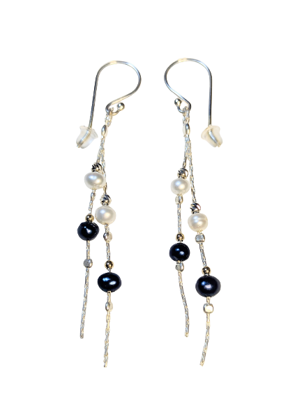 Double Strand Silver Earrings with Pearls & Gold Beads