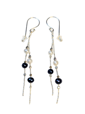 Double Strand Silver Earrings with Pearls & Gold Beads