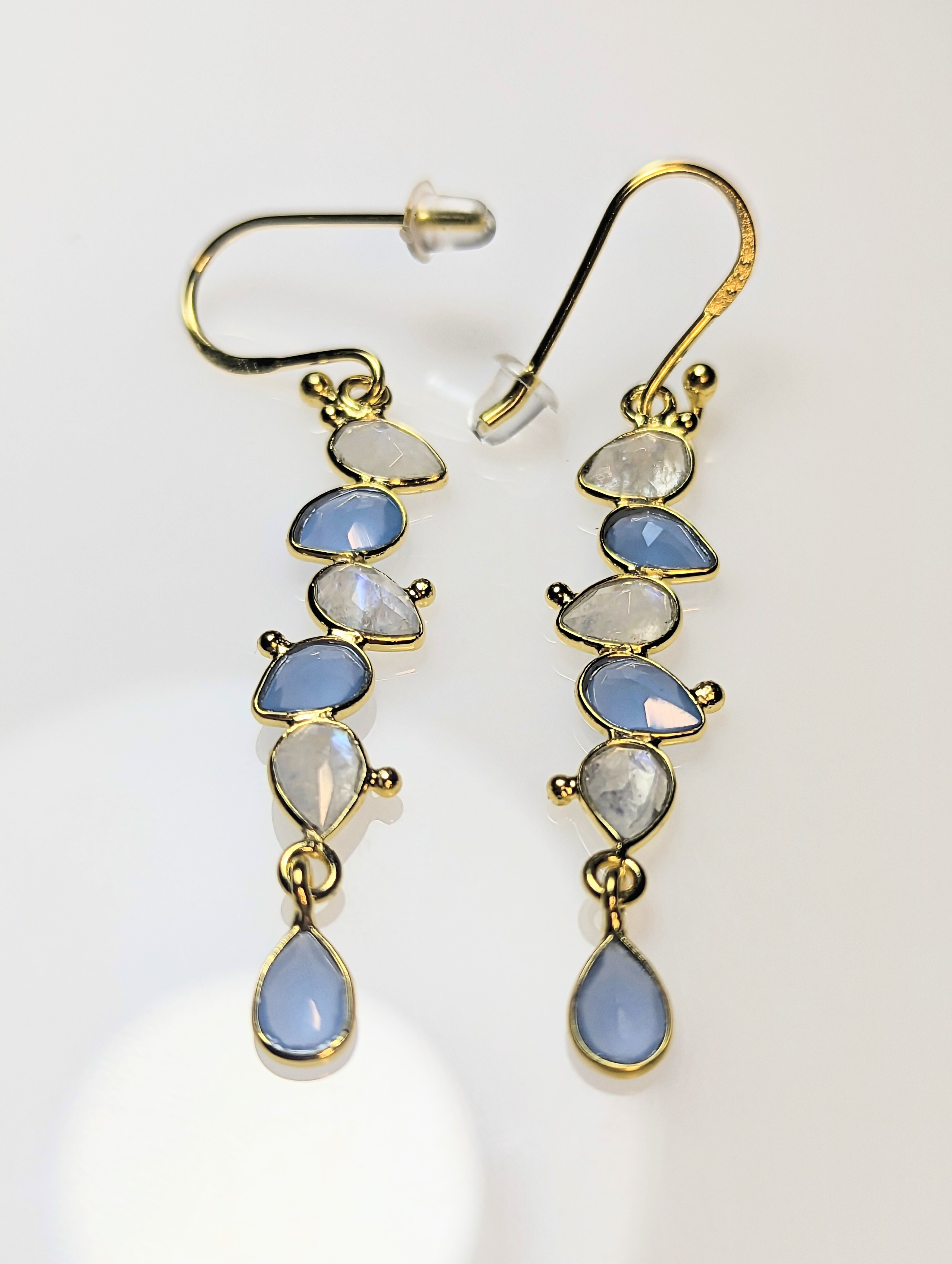 Rainbow Moonstone and Blue Chalcedony Gold Drop Earrings