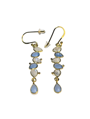 Rainbow Moonstone and Blue Chalcedony Gold Drop Earrings