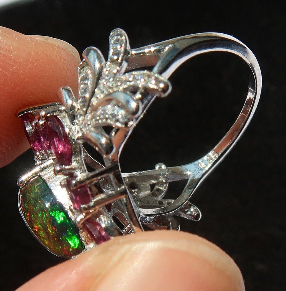 925 Silver Ring with Black Opal & Garnets