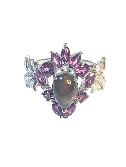 925 Silver Ring with Black Opal & Garnets