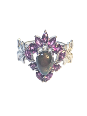 925 Silver Ring with Black Opal & Garnets