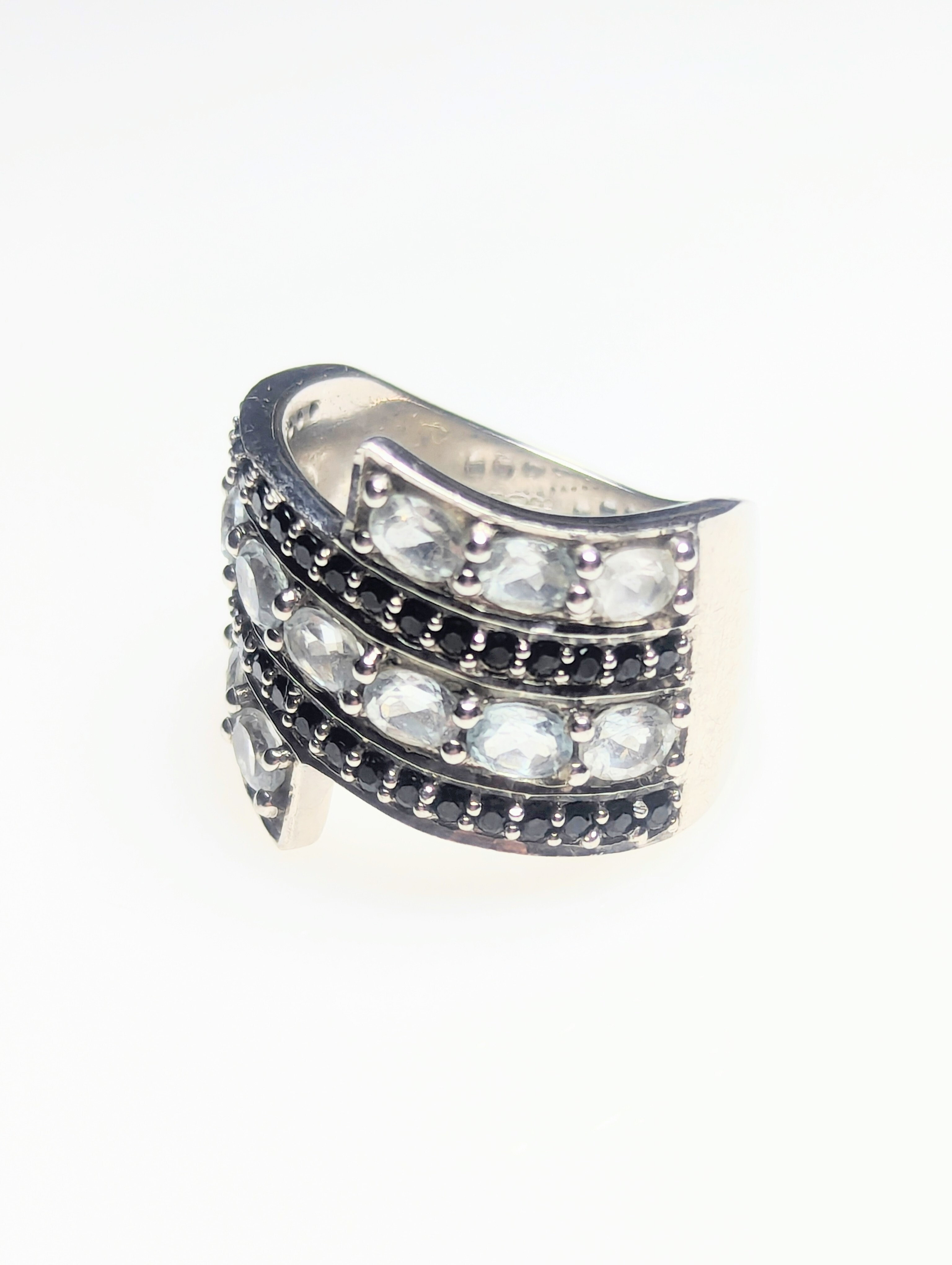 Silver, Aquamarine & Black Diamond Ring