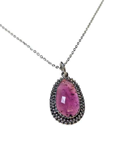 Pink Sapphire & 925 Silver Pendant - Halo