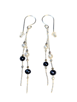Double Strand Silver Earrings with Pearls & Gold Beads