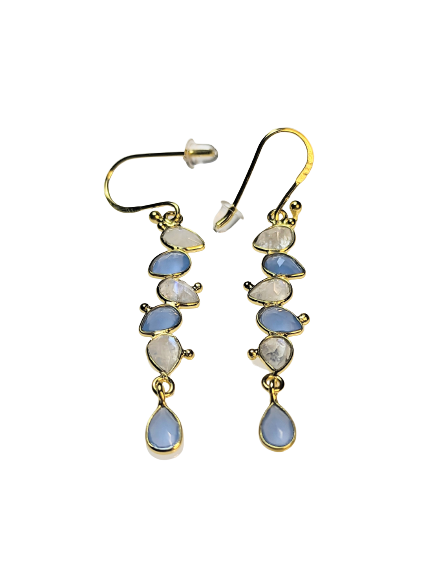 Rainbow Moonstone and Blue Chalcedony Gold Drop Earrings