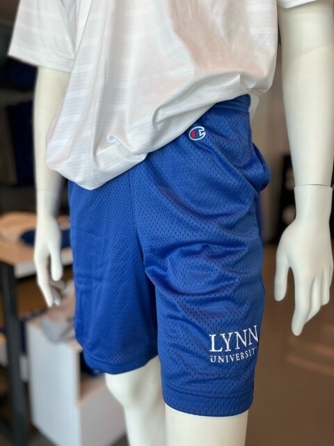 Choice between Royal blue and gray mesh shorts, with white text on the left bottom side saying &quot;Lynn University.&quot;