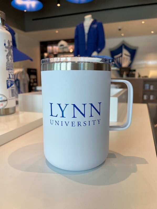 white and silver travelling mug with blue lettering saying &quot;Lynn University.&quot;