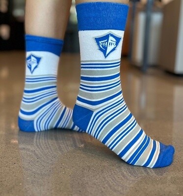 royal blue, blue and gray striped socks, with the spirit logo on the side.