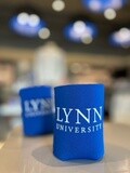 royal blue koozie with white text saying &quot;Lynn University.&quot;