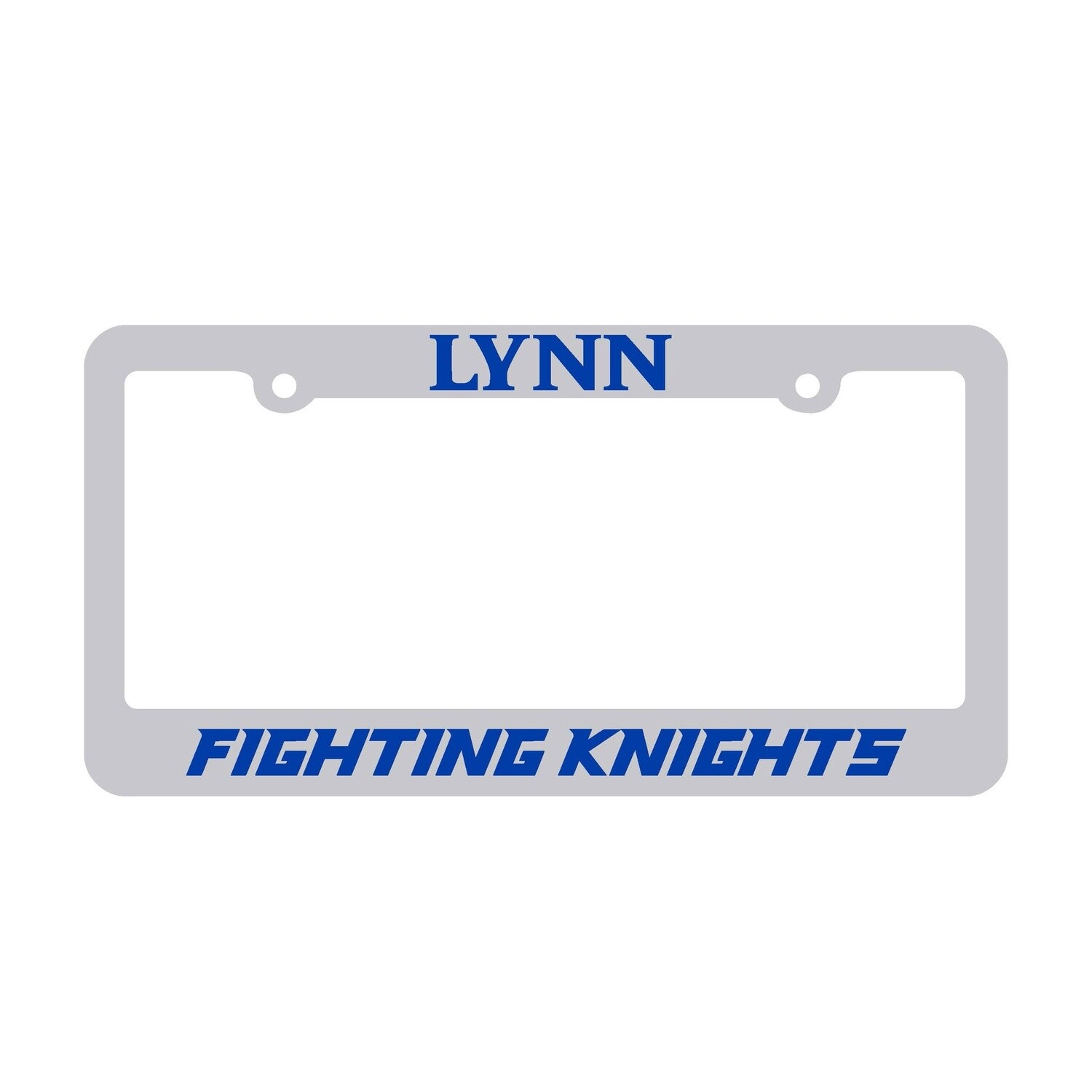 Silver license plate frame with royal blue lettering both at the top and bottom. At the top it says &quot;lynn&quot; and at the bottom it says &quot;fighting knights.&quot;