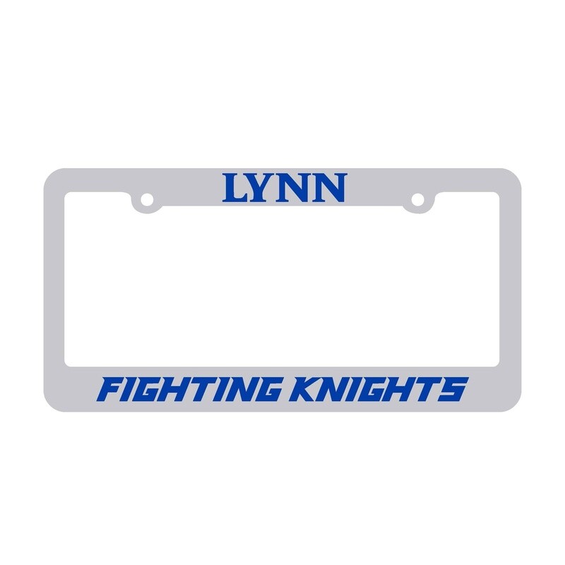 Silver license plate frame with royal blue lettering both at the top and bottom. At the top it says &quot;lynn&quot; and at the bottom it says &quot;fighting knights.&quot;