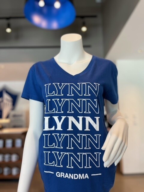 Choice between royal blue and gray short-sleeve v-neck shirt, with text saying &quot;Lynn Grandma.&quot;