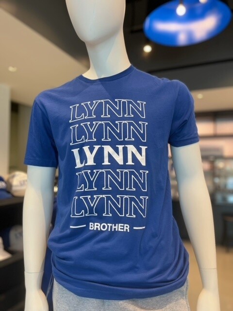 Choice between royal blue and white short-sleeve t-shirt with text saying &quot;Lynn Brother.&quot;