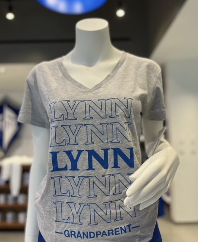 Gray v-neck shirt with royal blue text saying &quot;Lynn Grandparent.&quot;