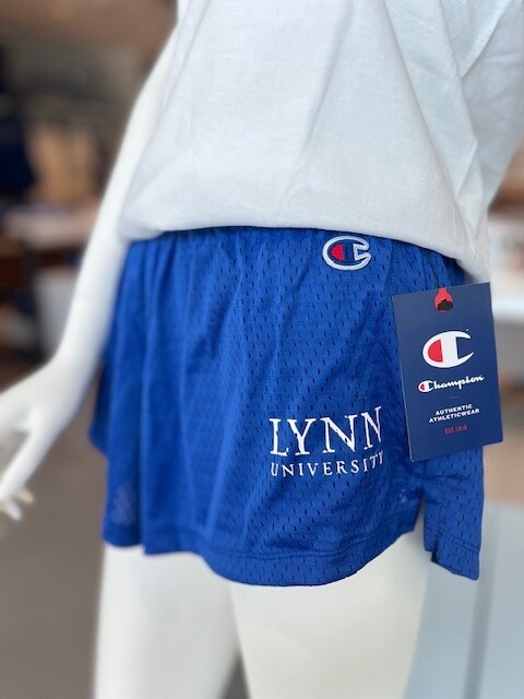 Choice between royal blue and gray women&#39;s mesh short with white lettering saying &quot;Lynn University&quot;