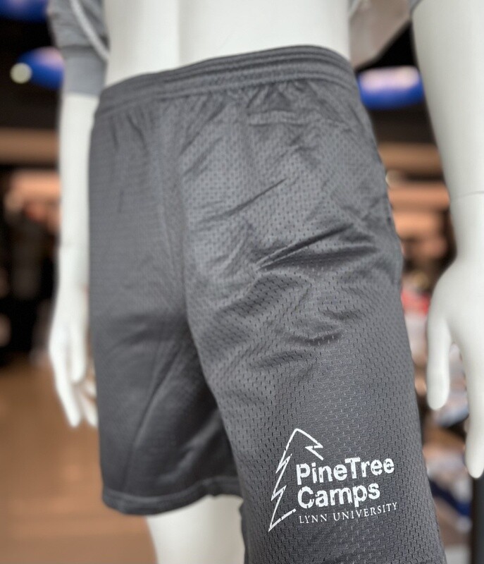 gray mesh shorts with white text on the bottom left saying &quot;PineTree Camps Lynn University.&quot;