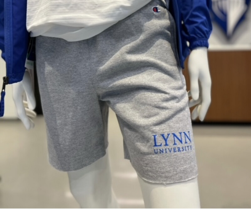 Gray shorts with blue lettering on the left, bottom side, saying &quot;Lynn University.&quot;