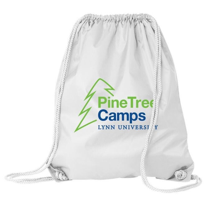 white drawstring bag with green and blue text saying &quot;pinetree camps Lynn University&quot; on the front.