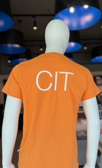 green short-sleeve t-shirt with white and blue text on the front saying &quot;Pinetree camps Lynn University&quot;, and white text on the back saying &quot;CIT&quot;.