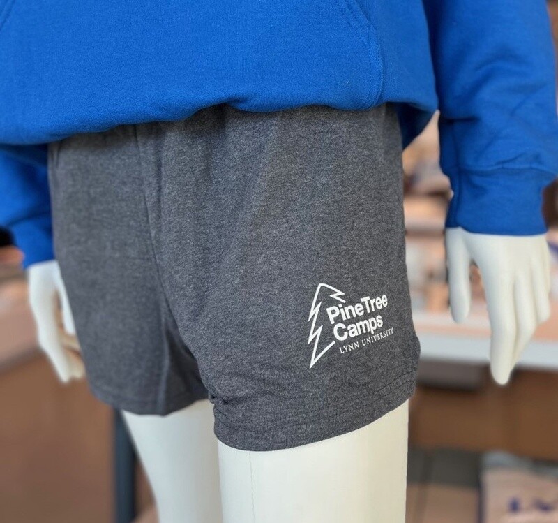 gray cotton short with white text on the left, bottom side saying &quot;pinetree camps Lynn University.&quot;